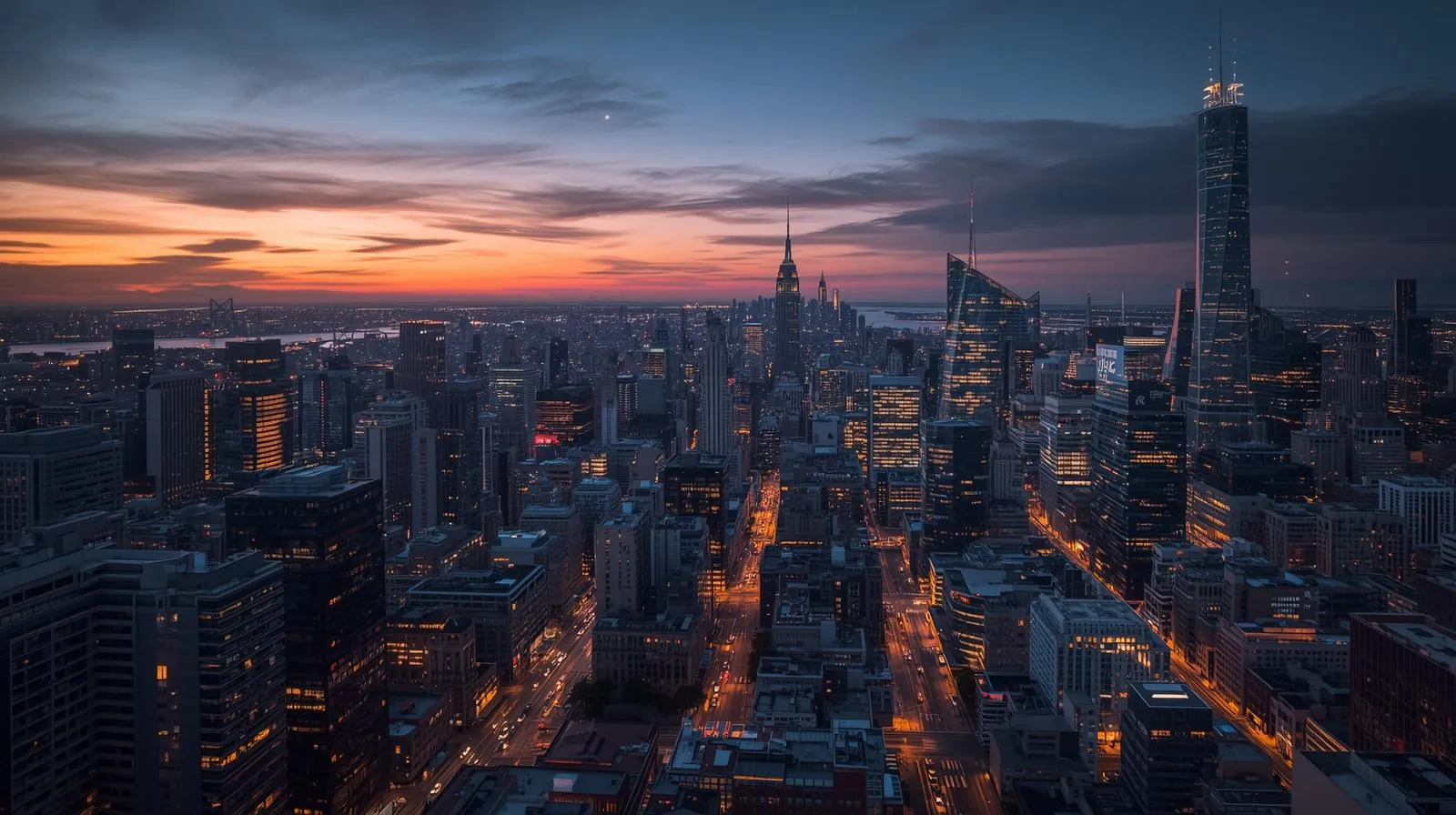 Városi üzleti negyed naplemente idején